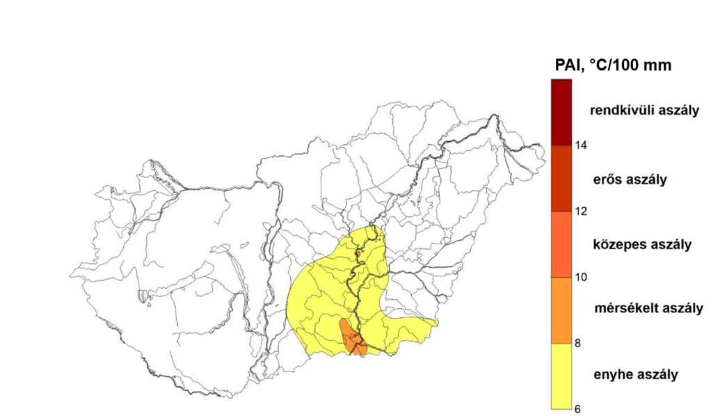 Az aszályindex (PAI) 2023-ra számított értékeinek területi eloszlása, °C/100mm Az aszályindex (PAI) 2023-ra számított értékeinek területi eloszlása, °C/100mm